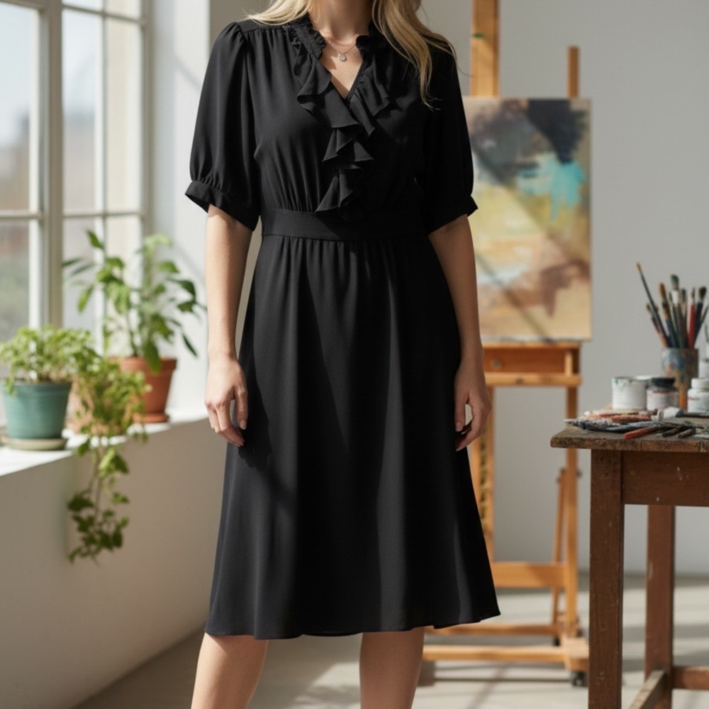 Banana Republic 100% Silk Black Ruffled V-Neck Midi Dress Size 4
